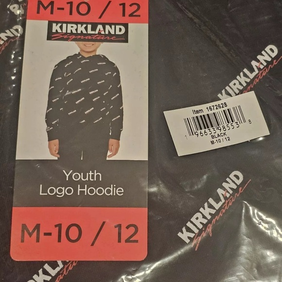 New Kirkland Signature Kids Logo Hoodie Black Unisex Medium Kangaroo Costco - Picture 3 of 3